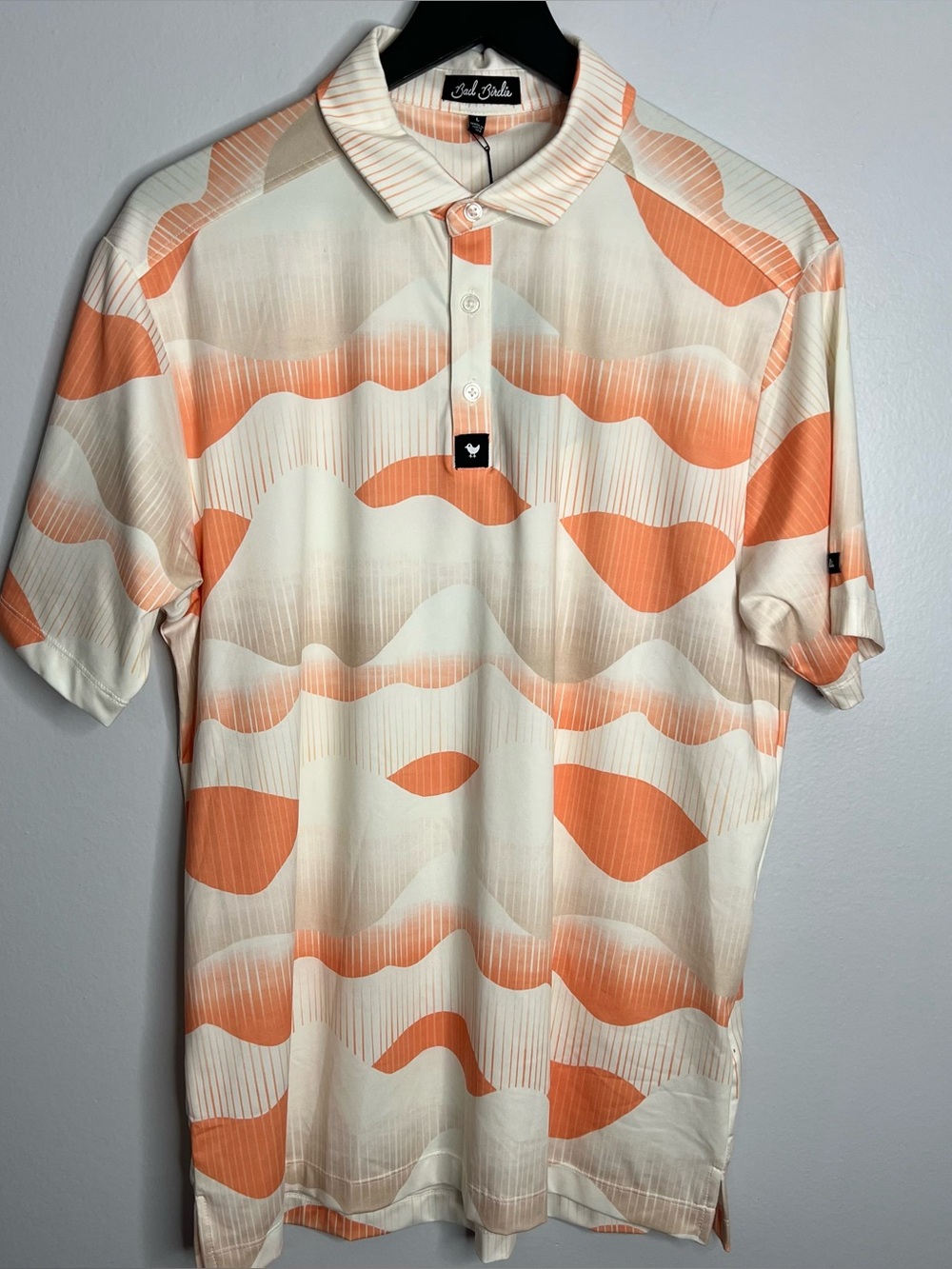 Bad Birdie Golf Golden Hour Polo Shirt Mens Medium Orange Beige NWT